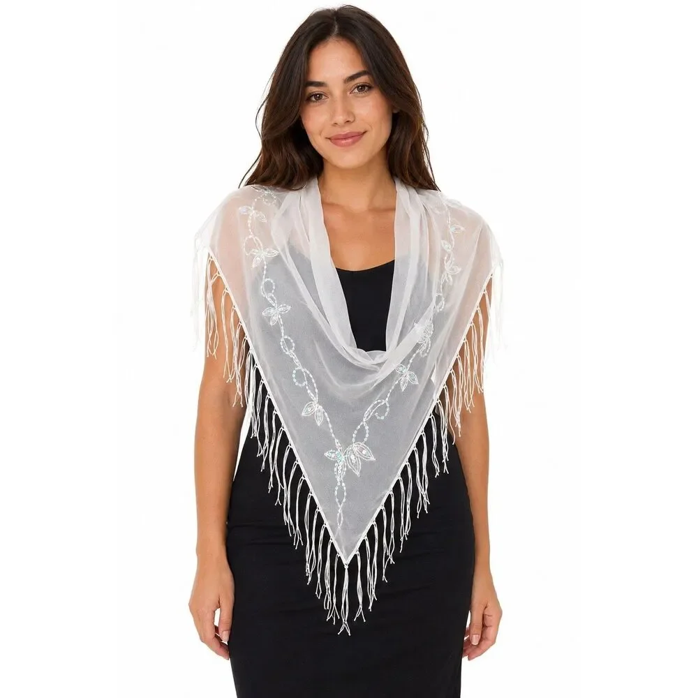 NWT Deb White Embroidered Sequin Fringe Triangle Scarf OS